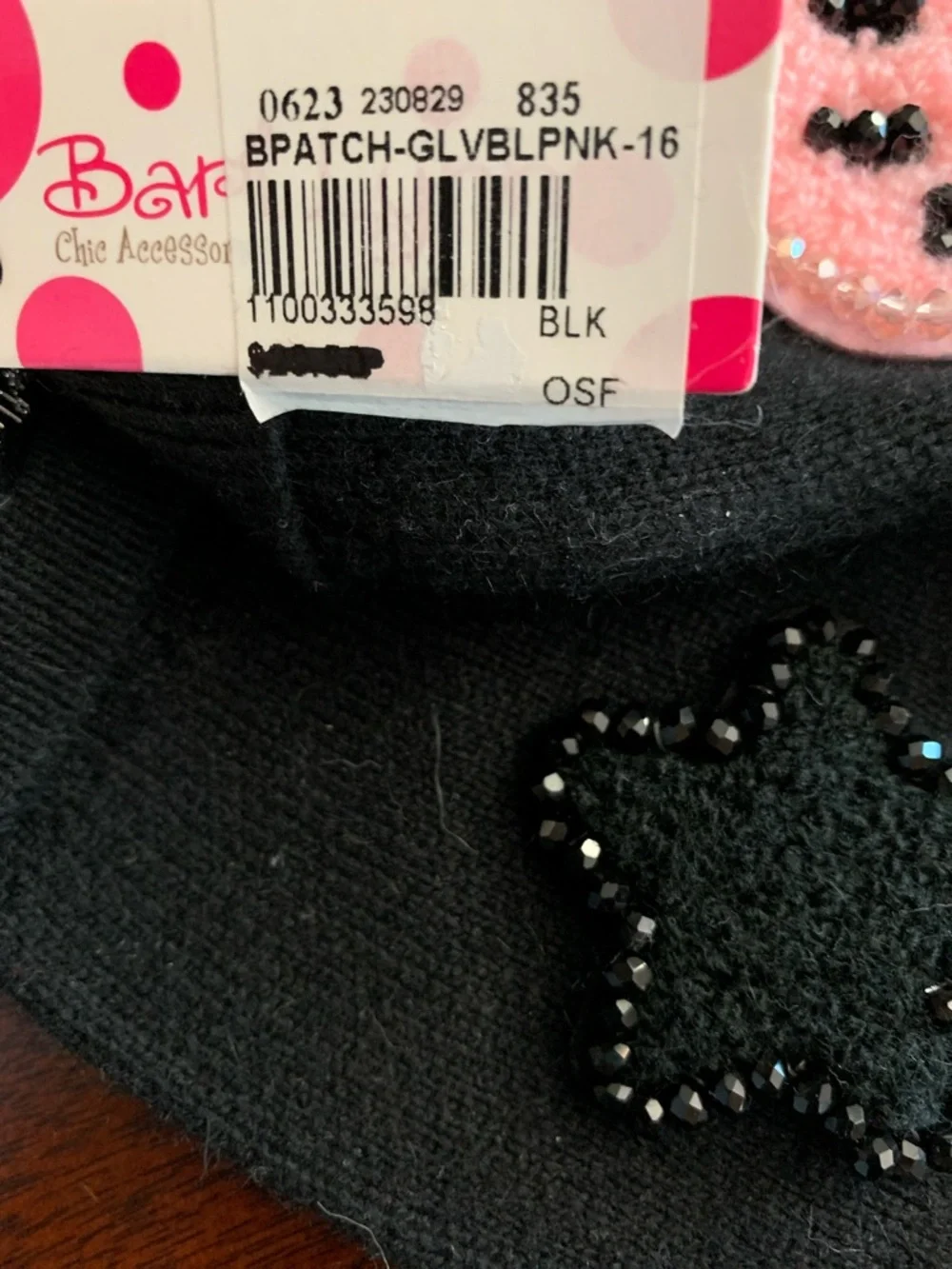 NWT Bari Lynn Black Kids Fingerless Mittens with Pink Beaded Smiley by
